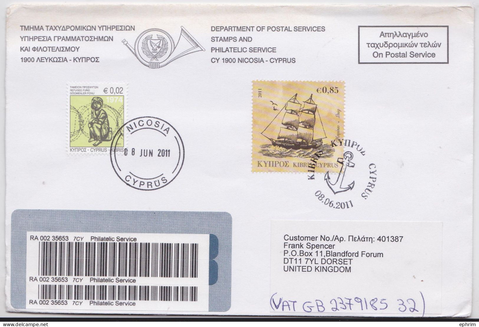 Chypre Cyprus Nicosia Lettre Timbre Voilier Sailing Ship Stamp Registered Air Mail Cover 2011 - Briefe U. Dokumente