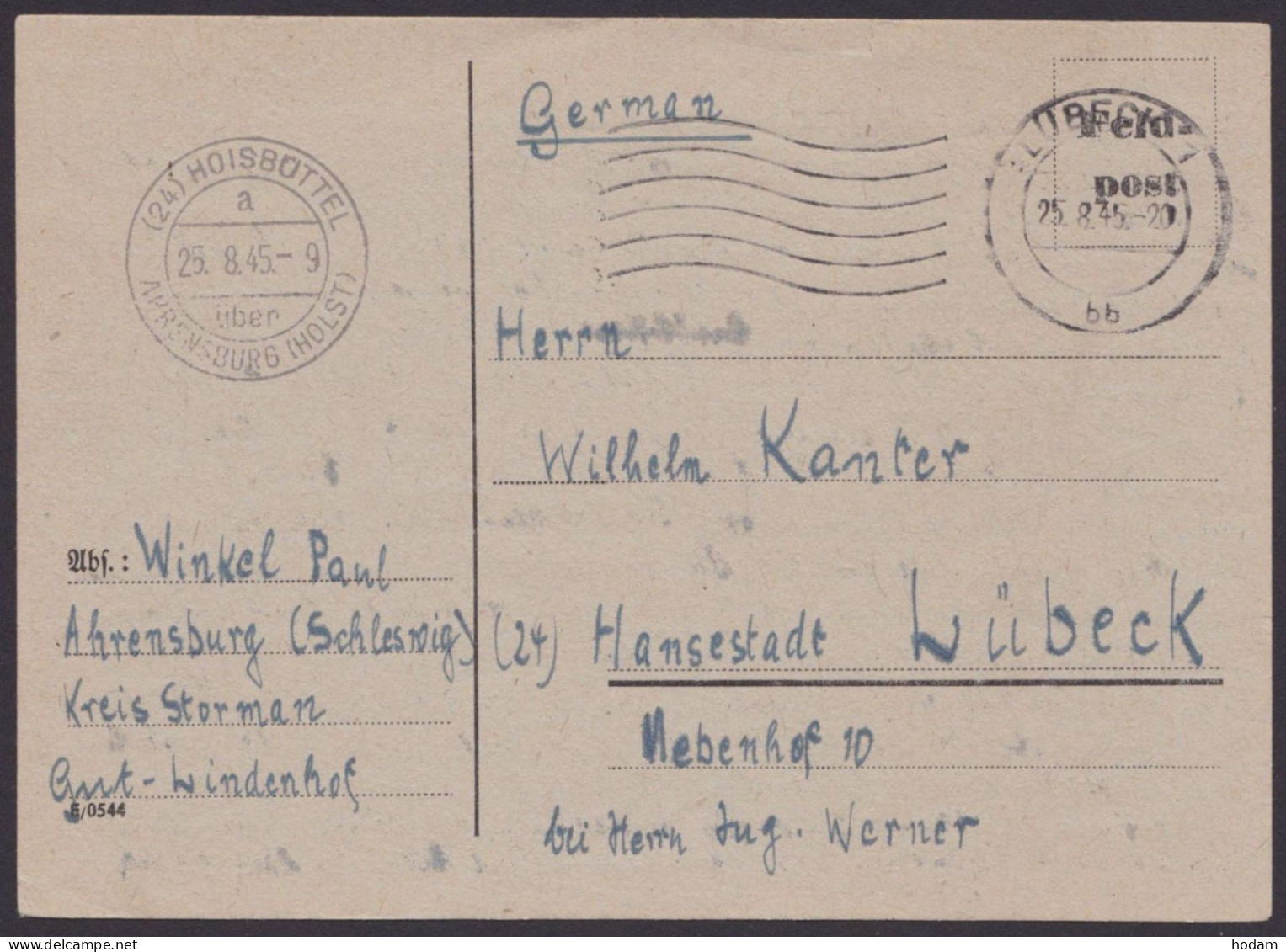 Ahrensburg: "Hoisbüttel", Notausgabe Auf Feldpostkarte Verwendet In Lübeck, 25.8.45, Bedarf - Covers & Documents