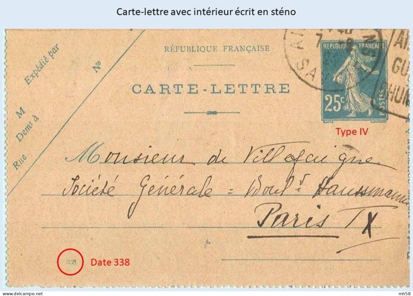 Entier FRANCE - Carte-lettre Date 338 écrite En Sténo Oblitéré - 25c Semeuse Bleu - Kaartbrieven