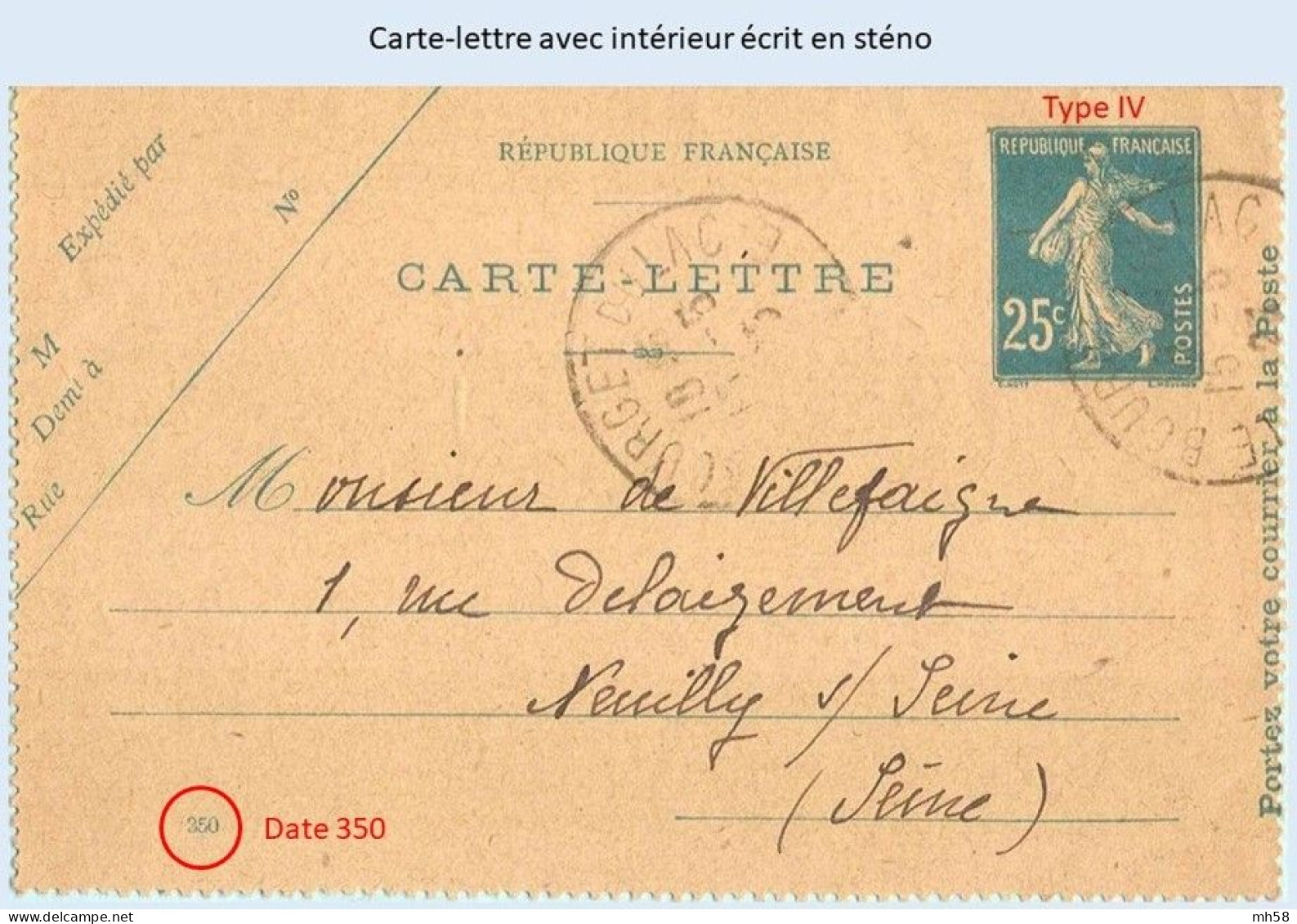 Entier FRANCE - Carte-lettre Date 350 écrite En Sténo Oblitéré - 25c Semeuse Bleu - Cartoline-lettere