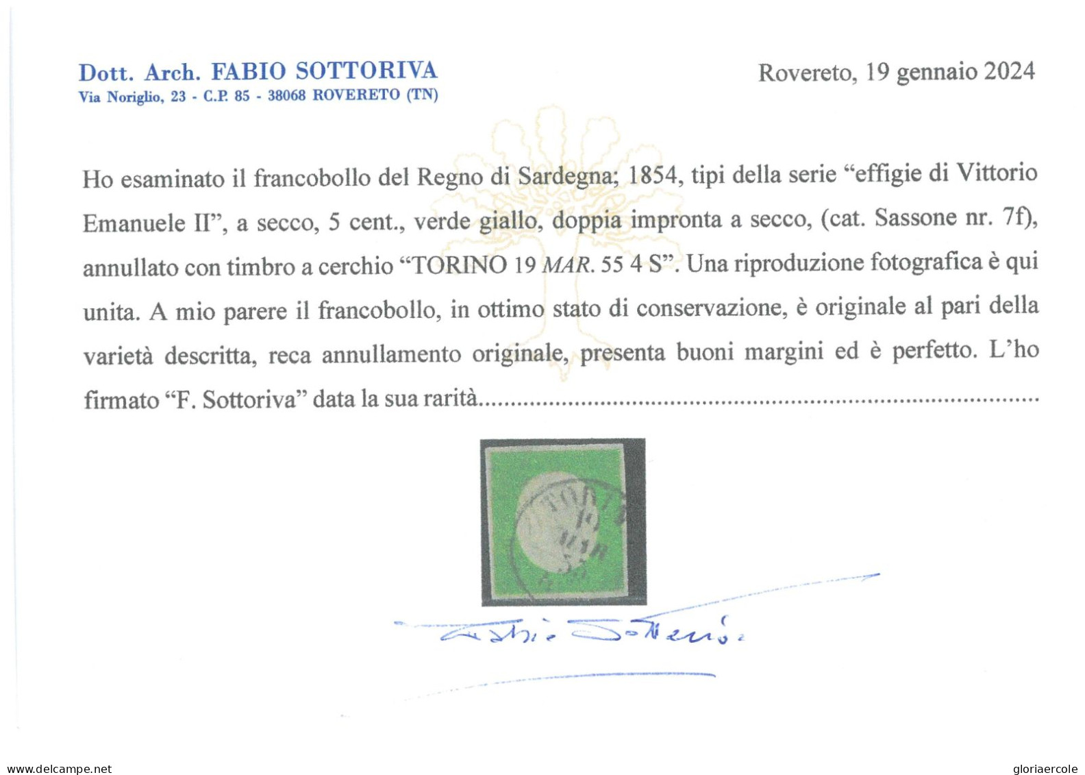 P2968 I - SARDEGNA 7 F, EFFIGIE DEL RE, CON DOPPIA IMPRONTA A SECCO, USATO TORINO 19.3.1855 - Sicily