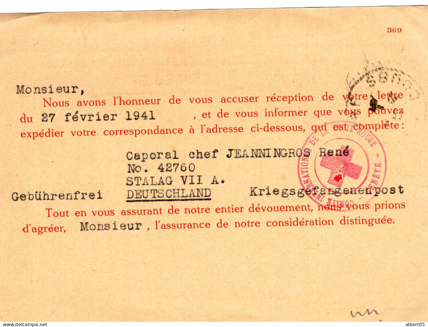 Comité International De La Croix Rouge - Prisonniers De Guerre Genève - Cachet - Février 1941 - Rode Kruis