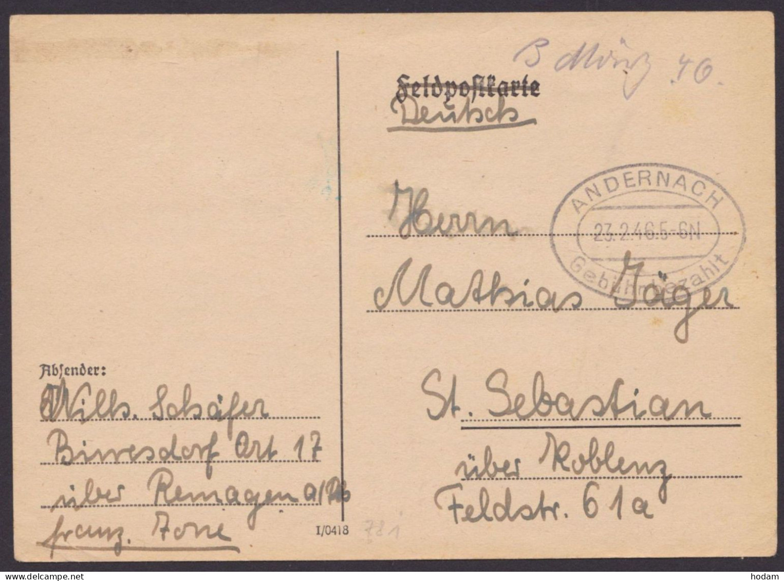 Andernach: Feldpostkarte, Oval "Gebühr Bezahlt", 23.2.46, Bedarf - Briefe U. Dokumente