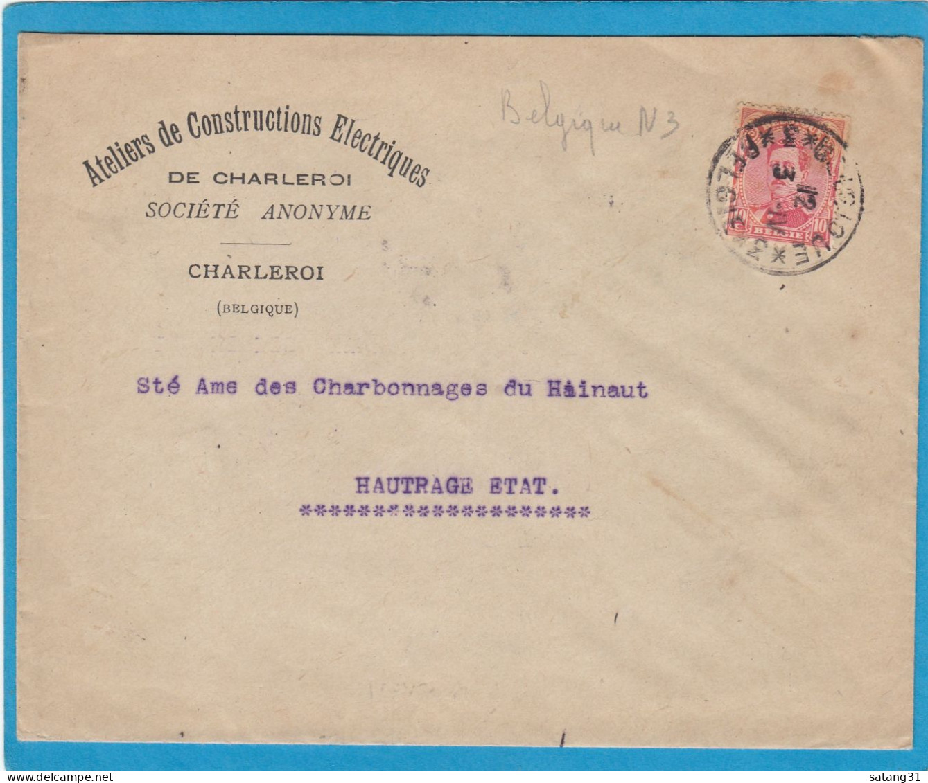 ATELIERS DE CONSTRUCTIONS ELECTRIQUES,CHARLEROI.LETTRE AVEC CACHET DE FORTUNE "BELGIQUE NO 3" POUR LES CHARBONNAGES DU H - Foruna (1919)