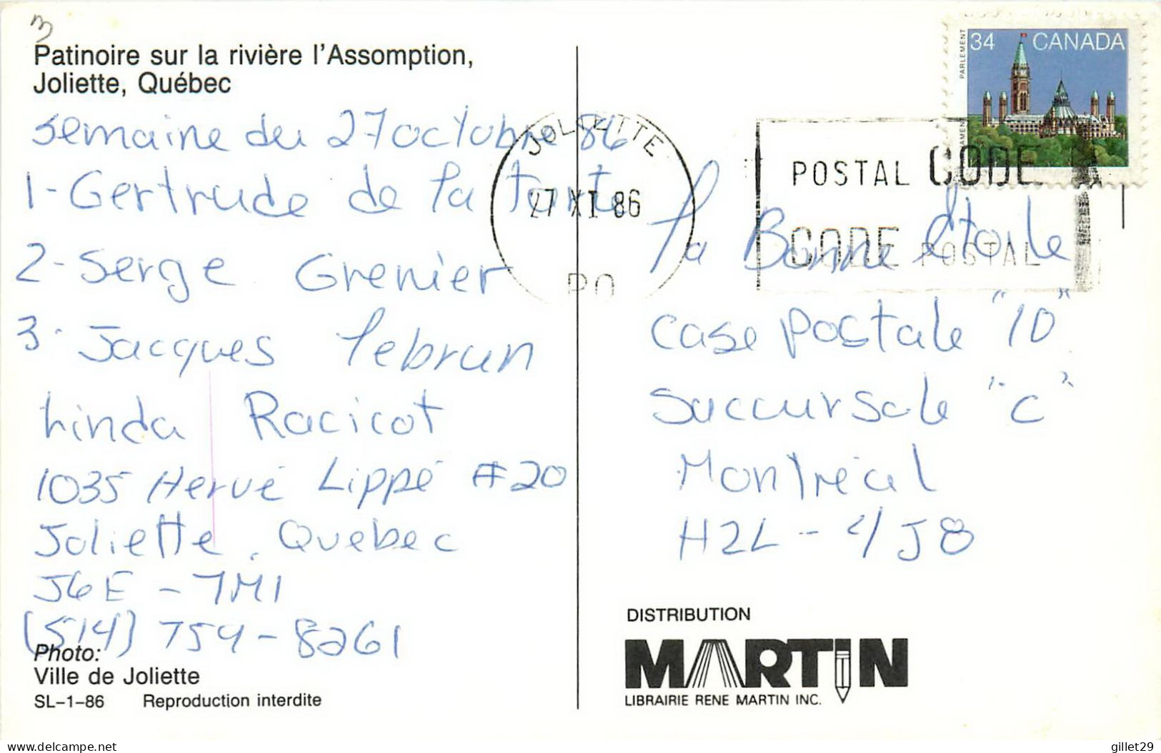 JOLIETTE, QUÉBEC - PATINOIRE SUR LA RIVIÈRE L'ASSOMPTION - CIRCULÉE EN 1986 - LIBRAIRIE RENÉ MARTIN INC - - Other & Unclassified