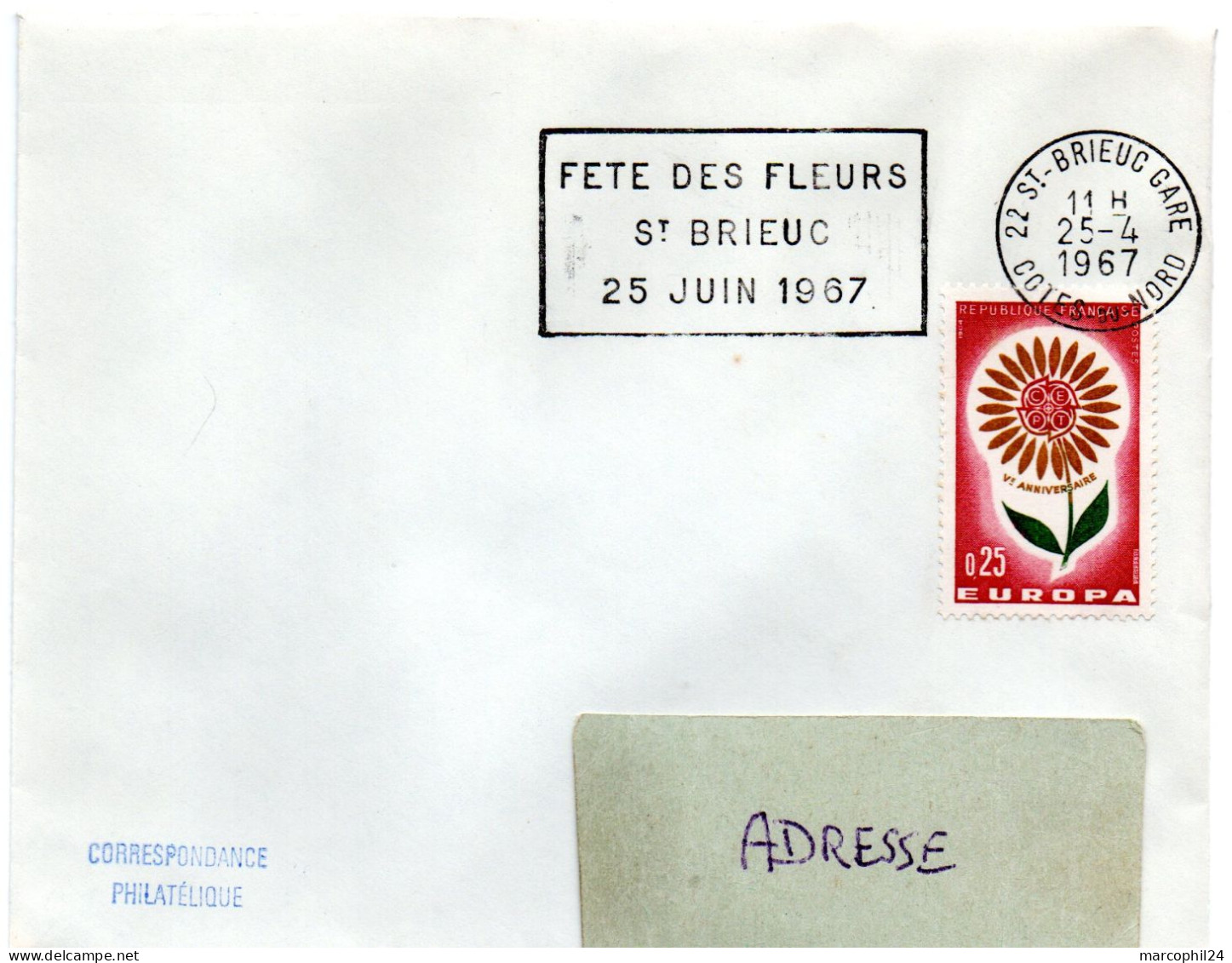 FLORE = 22 St BRIEUC GARE 1967 = FLAMME CONCORDANTE EUROPA = SECAP  ' FETE Des FLEURS' - Autres & Non Classés