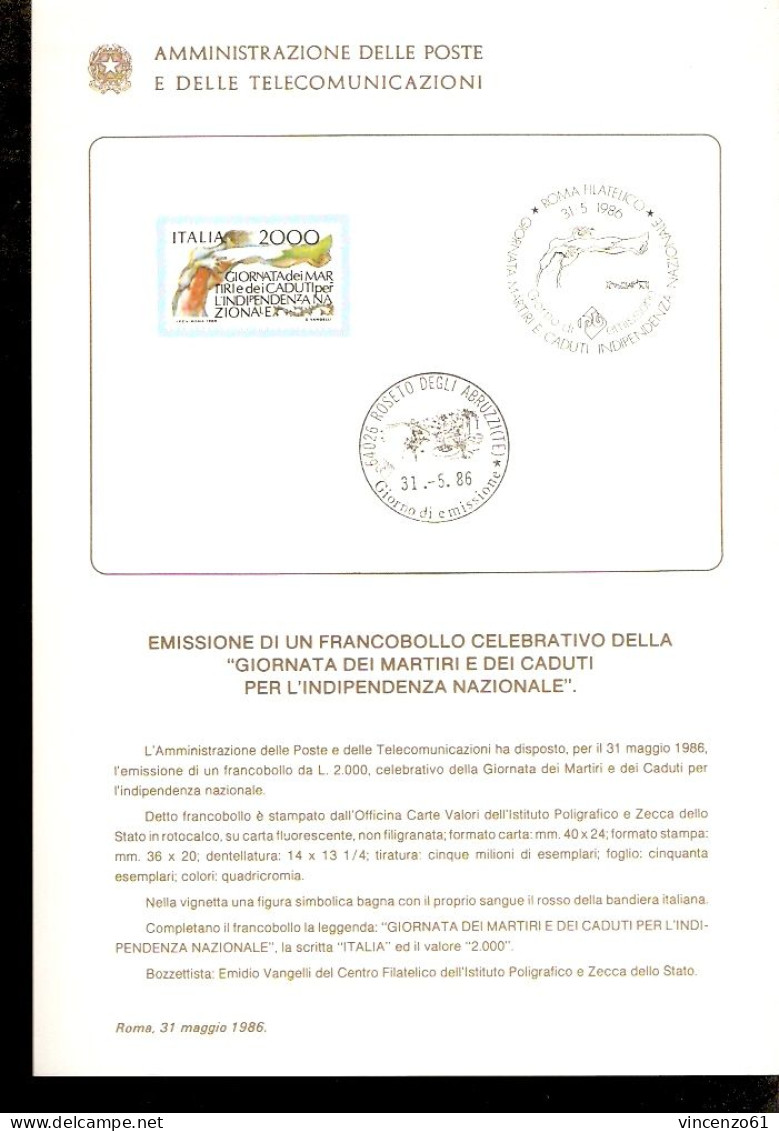 1986 BOLLETTINO Giornata Dei Martiri E Dei Caduti Per L'indipendenza Nazionale. - Militaria