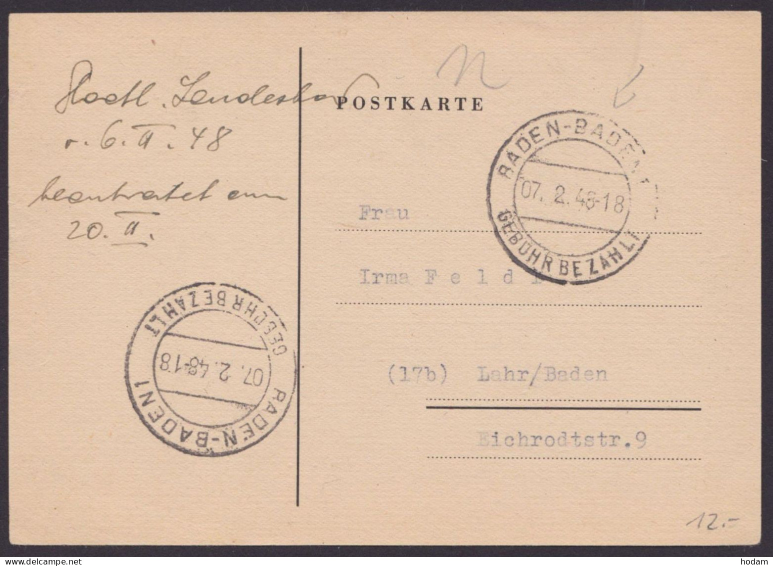 Baden-Baden: Bedarfskarte, Großer K2, 7.2.48, Ansehen! - Lettres & Documents