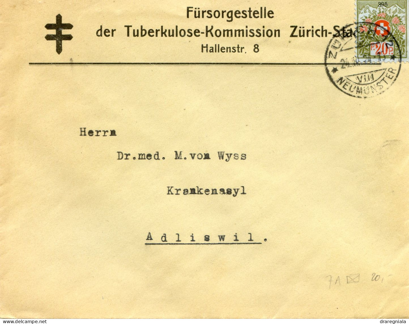 Fürsorgestelle Der Tuberkulose Kommission Zurich Stadt 1924 Pour Adliswil - Timbre De Franchise  N°7A - Vrijstelling Van Portkosten