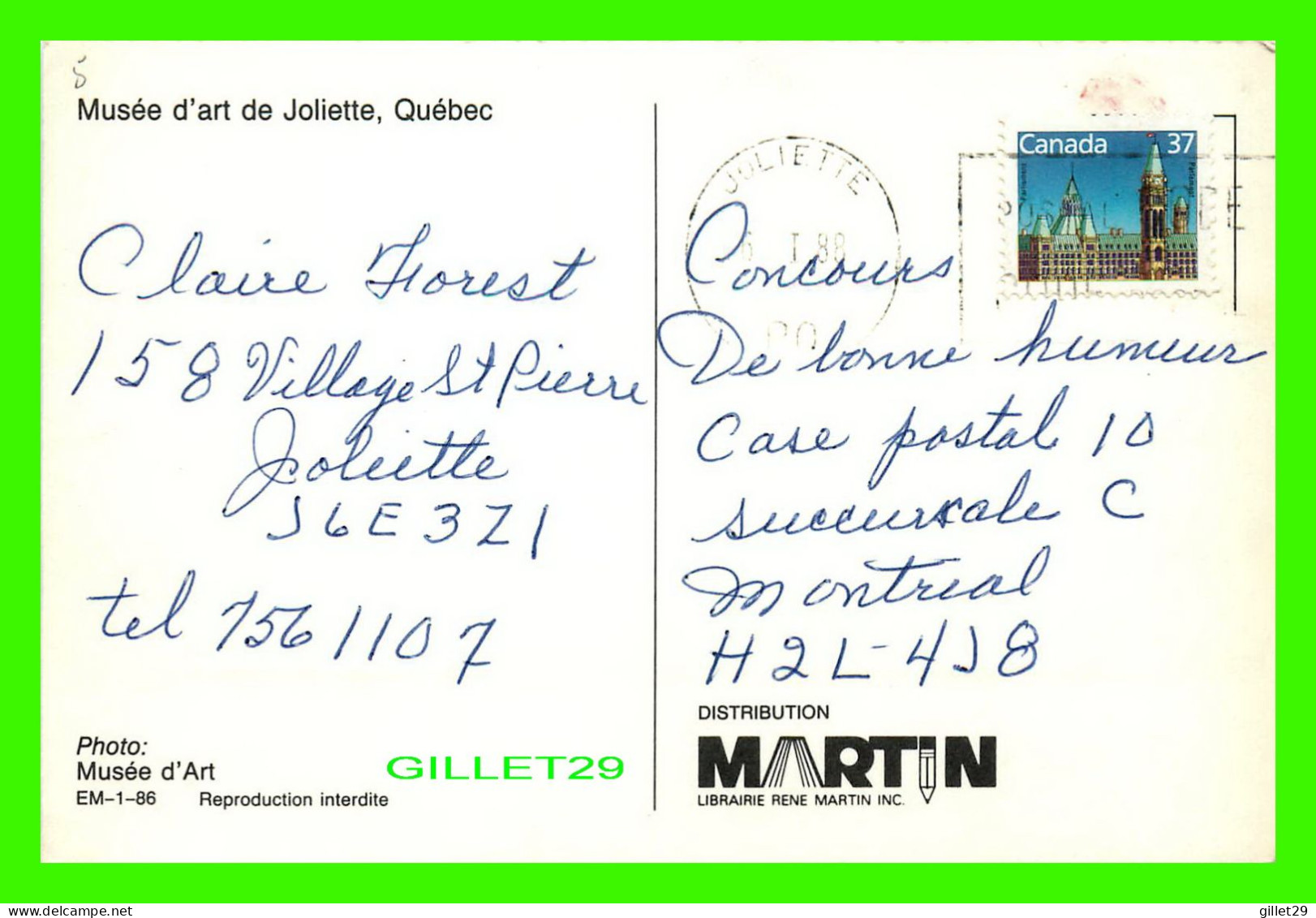 JOLIETTE, QUÉBEC - MUSÉE D'ART DE JOLIETTE - CIRCULÉE EN 1988 - LIBRAIRIE RENÉ MARTIN INC - 2 MULTIVUES - - Sonstige & Ohne Zuordnung