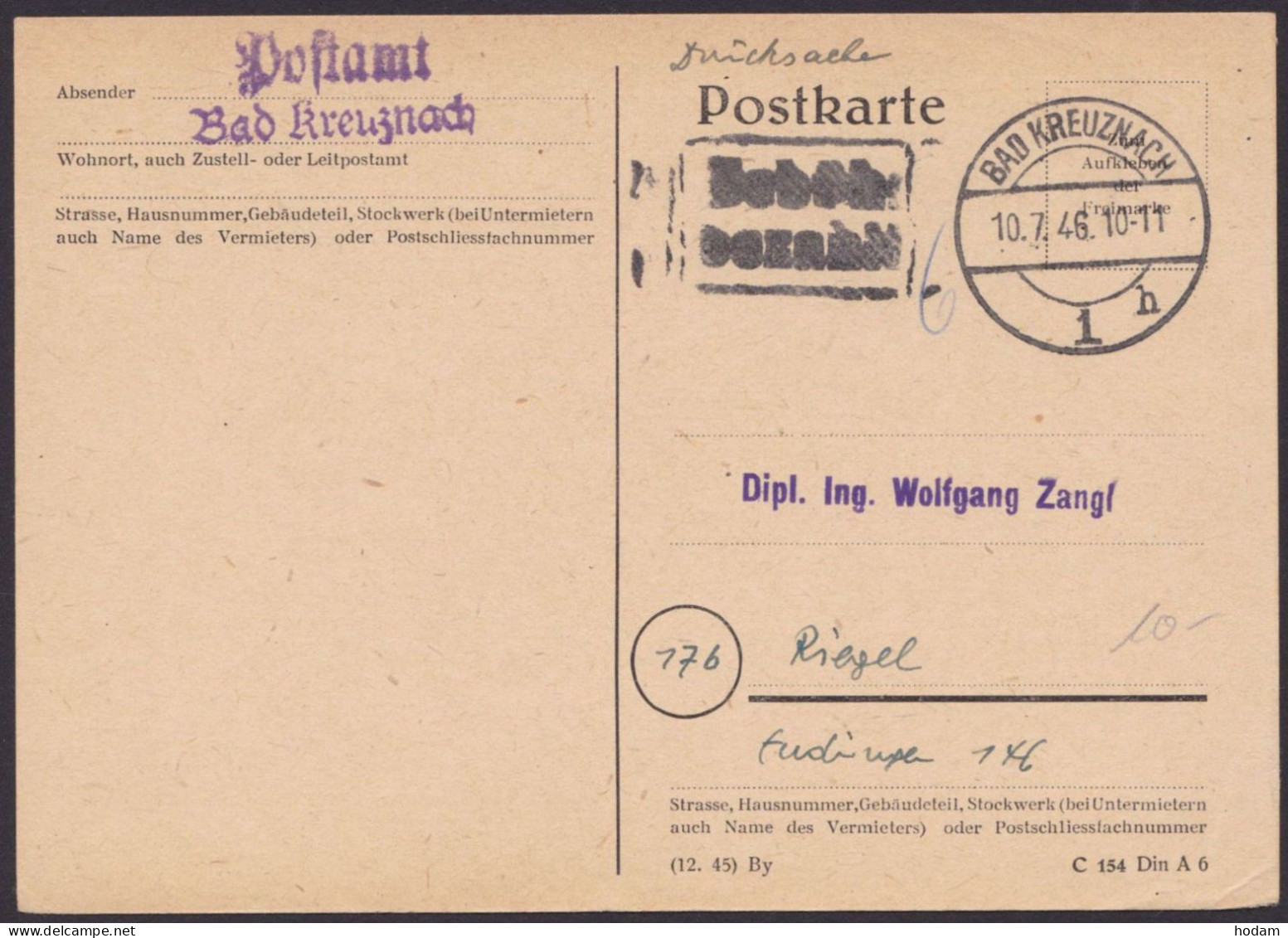 Bad Kreuznach: Drucksache Mit Ra "Gebühr Bezahlt", 10.7.46 - Covers & Documents