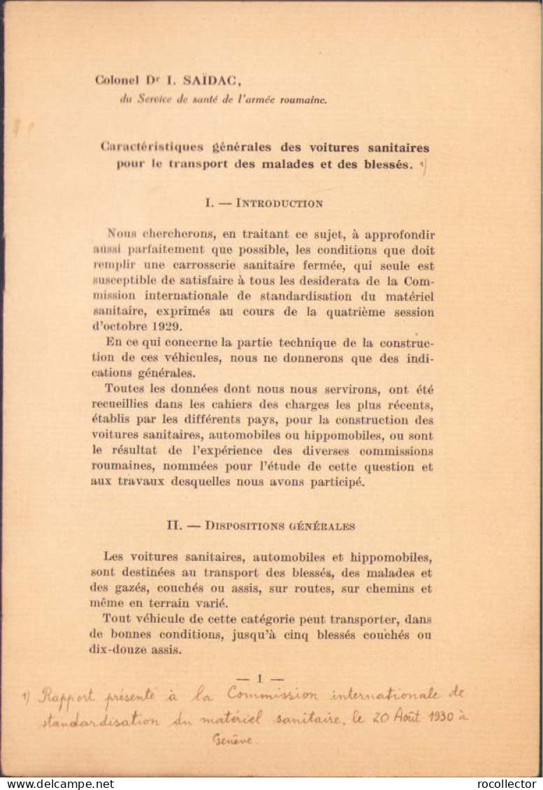 Caracteristiques Générales Des Voitures Sanitaires Pour Le Transport Des Malades Et Des Blessés Par Colonel I Saidac - Livres Anciens