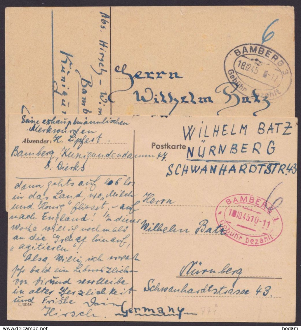 Bamberg: 2 Bedarfskarten Ende 1945, Rotes Bzw. Schwarzes Oval "Gebühr Bezahlt", Je Handschriftlich "6" - Briefe U. Dokumente