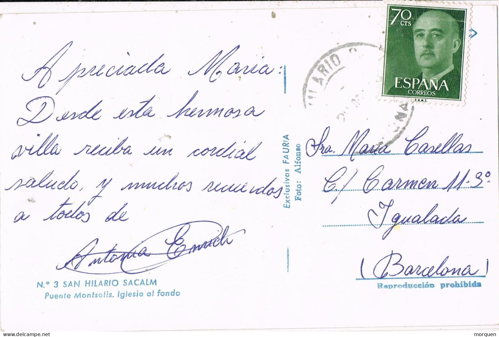 54650. Postal SAN HILARIO SACALM (Gerona) 1969. Vista Puente Montsolis E Iglesia Al Fondo - Storia Postale
