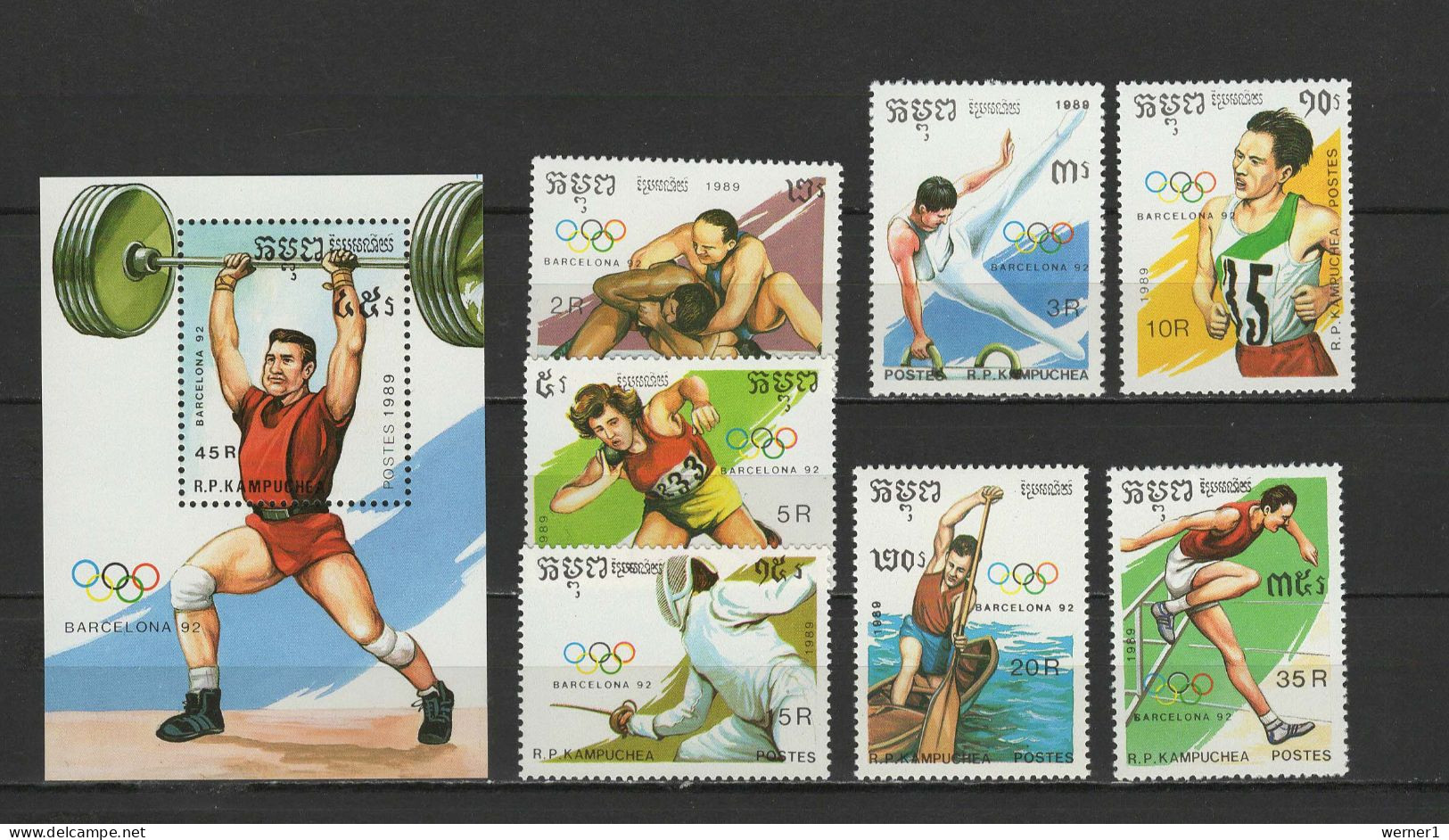 Cambodia 1989 Olympic Games Barcelona, Weightlifting, Fencing, Wrestling Etc. Set Of 7 + S/s MNH - Zomer 1992: Barcelona
