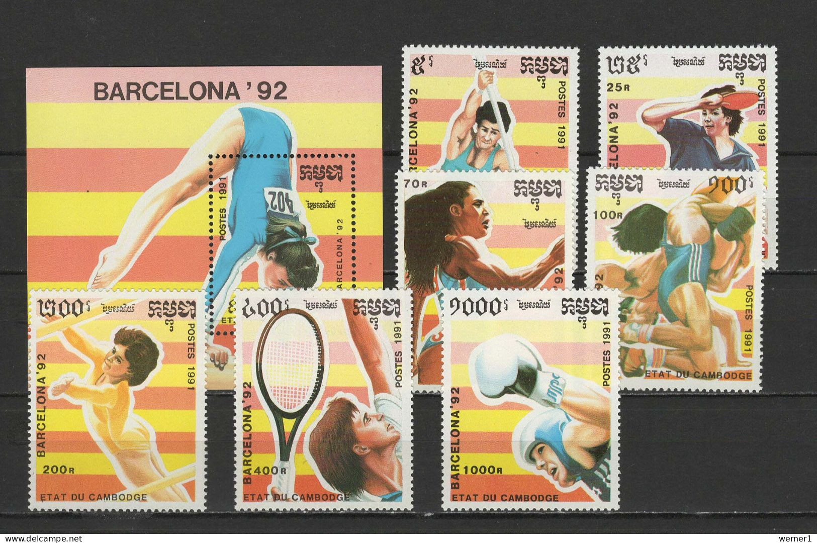 Cambodia 1991 Olympic Games Barcelona, Gymnastics, Table Tennis, Wrestling, Tennis Etc. Set Of 7 + S/s MNH - Zomer 1992: Barcelona