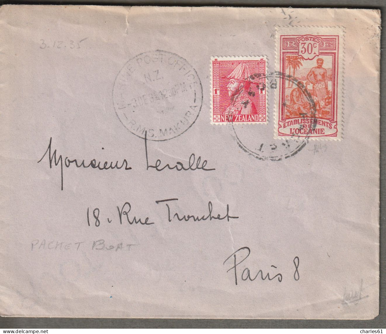 OCEANIE - LETTRE : Marine Post Office "R.M.S.Makura" Du 03/12/1935 - Affranchissement : Nouvelle Zélande Et Océanie. - Lettres & Documents