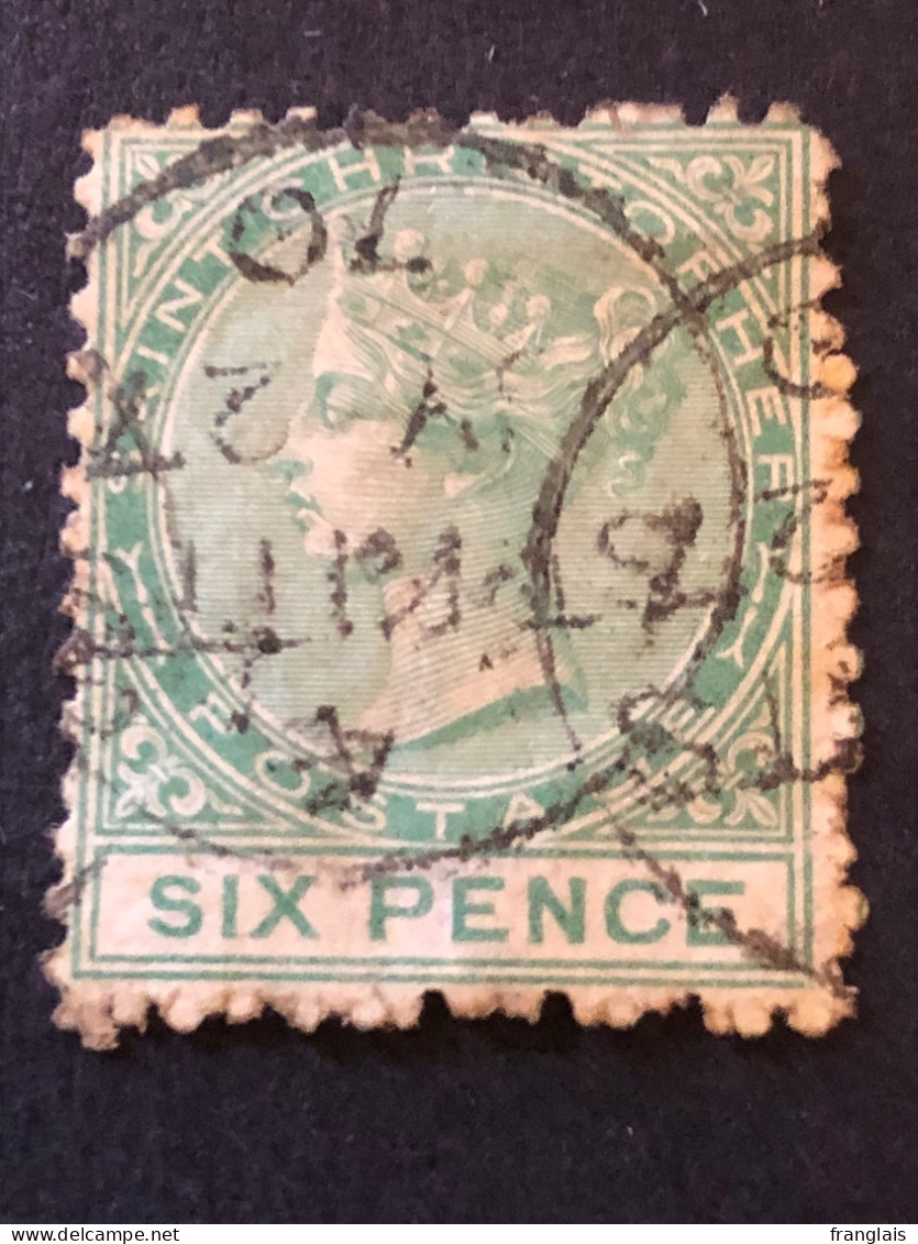 St Kitts Nevis SG 4.  6d Yellow Green, May 1870 Cancel - St.Cristopher-Nevis & Anguilla (...-1980)