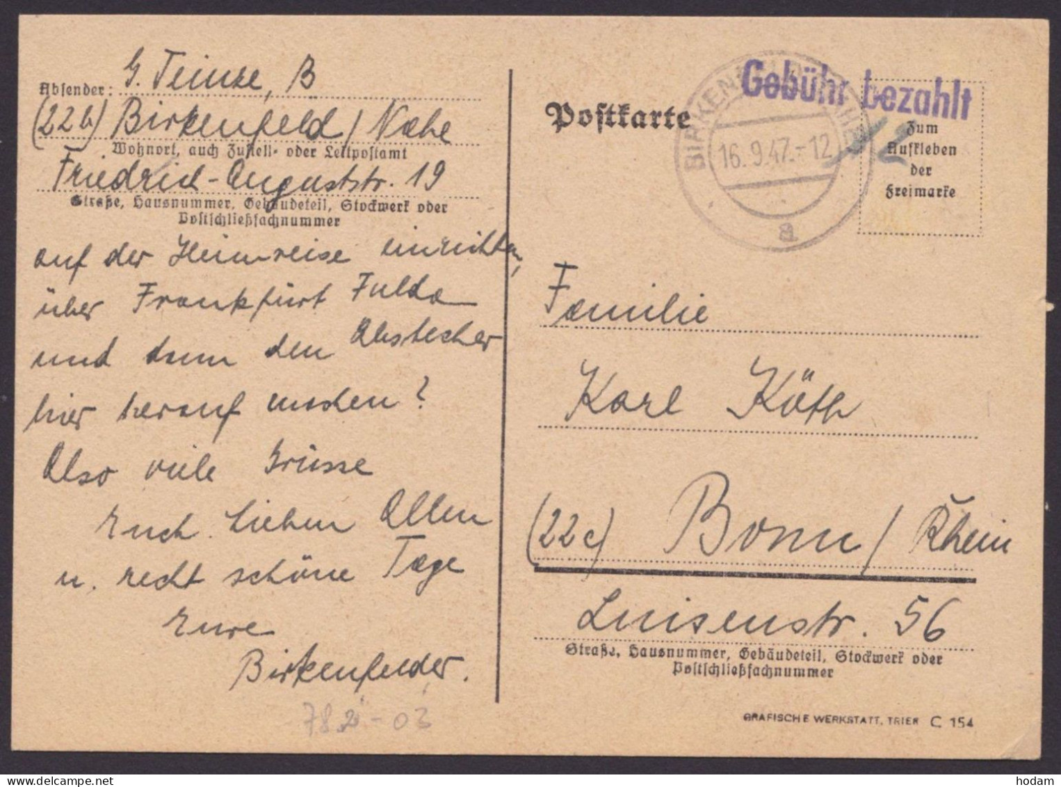 Birkenfeld/Nahe: Bedarfskarte Mit L1 "Gebühr Bezahlt" - Covers & Documents