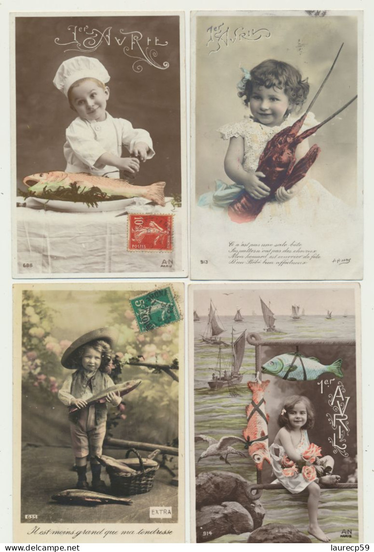 Lot De 4 Cartes Fantaisie Enfants - Paysage - Portraits - Poissons - 1er Avril - 1er Avril - Poisson D'avril