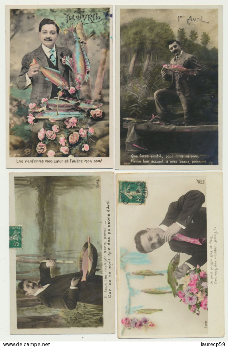 Lot De 4 Cartes Fantaisie Hommes - Paysage - Portraits - Poissons - 1er Avril - 1er Avril - Poisson D'avril