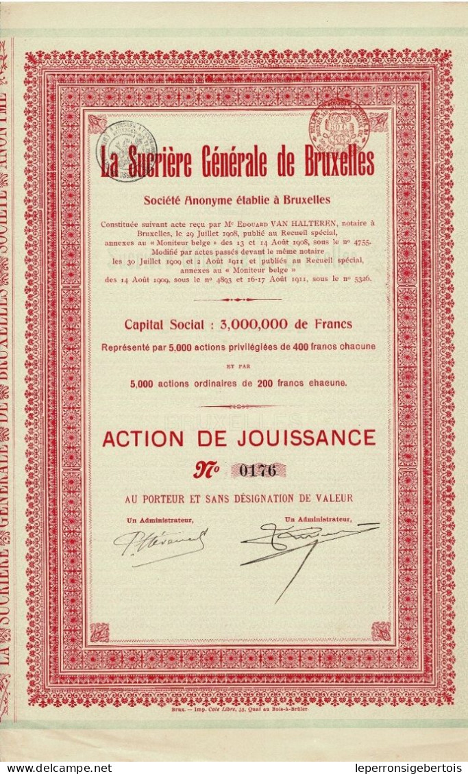 Titre De 1911 - La Sucrière Générale De Bruxelles - - Industry