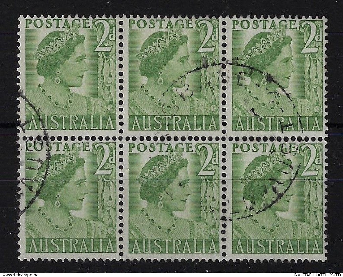 AUSTRALIA SG237B+ 2D YELLOW - GREEN COIL BLOCK OF SIX USED, UNUSUAL - Oblitérés