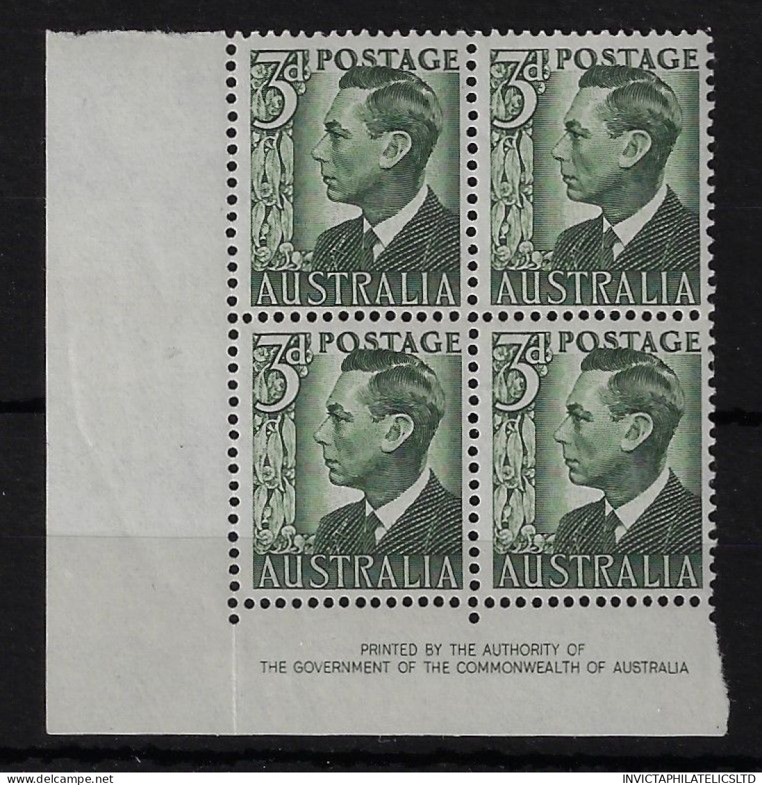 AUSTRALIA SG237D, 1951 3D GREY - GREEN IMPRINT BLOCK MNH STRIPS - HINGED IN MARGIN - Nuevos