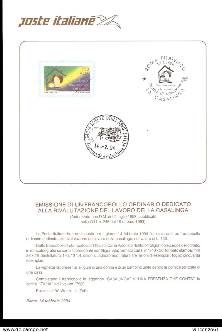 1994 Bollettino Rivalutazione Del Lavoro Della Casalinga. - Fête Des Mères