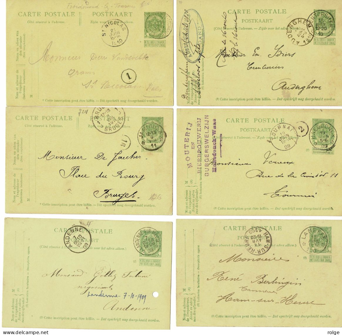 D012 UITGIFTE 1907 OP BRIEFKAARTEN *DENTERGHEM-HAESDONCK-LANEFFE-LANDENNE SUR MEUSE-JAMIOULX-FROIDMOND LEZ TOURNAI* - Postmarks With Stars