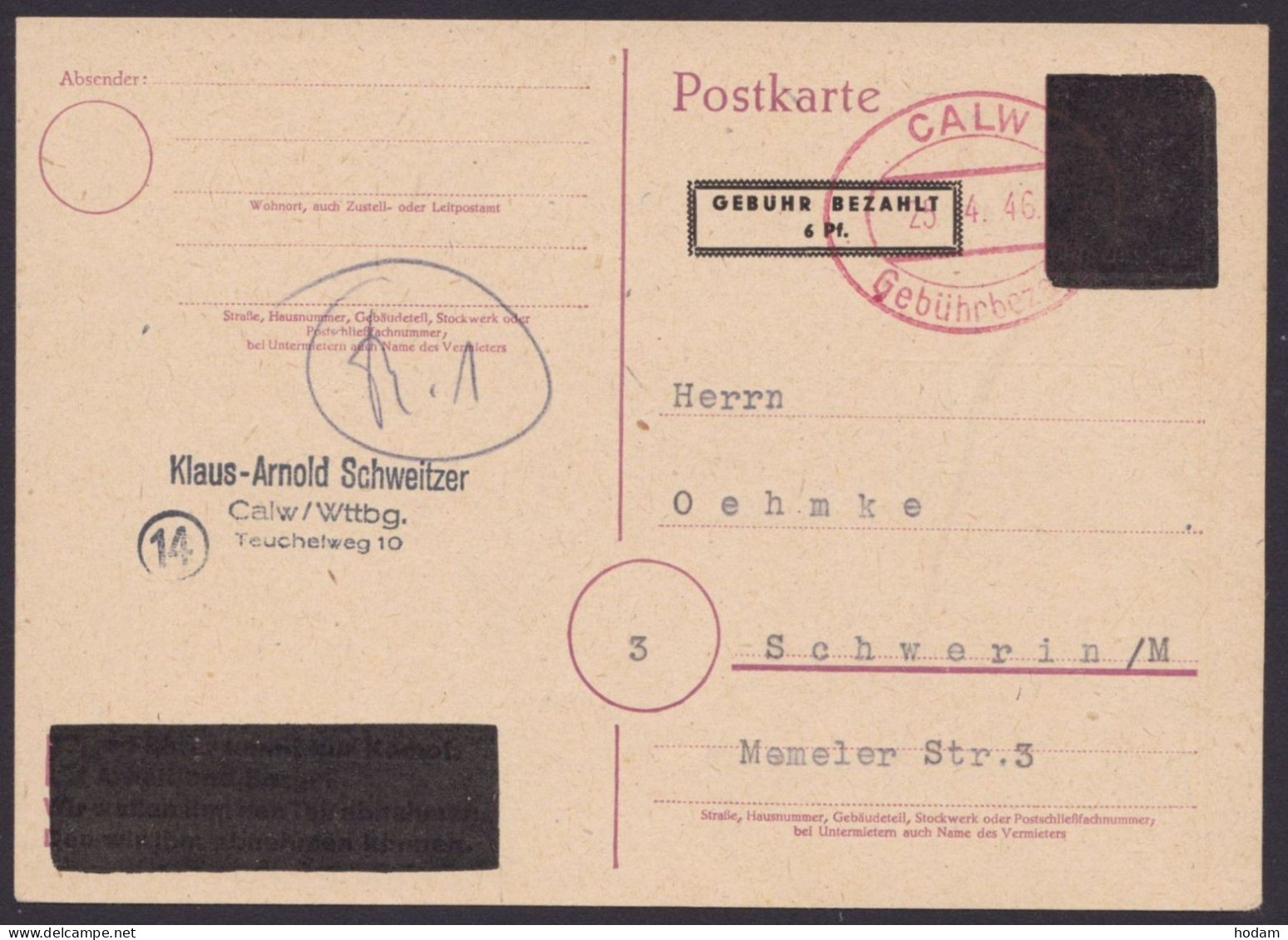 Calw: PE 814, Bedarfskarte, Rotes Oval "Gebühr Bezahlt", 25.4.46 - Covers & Documents