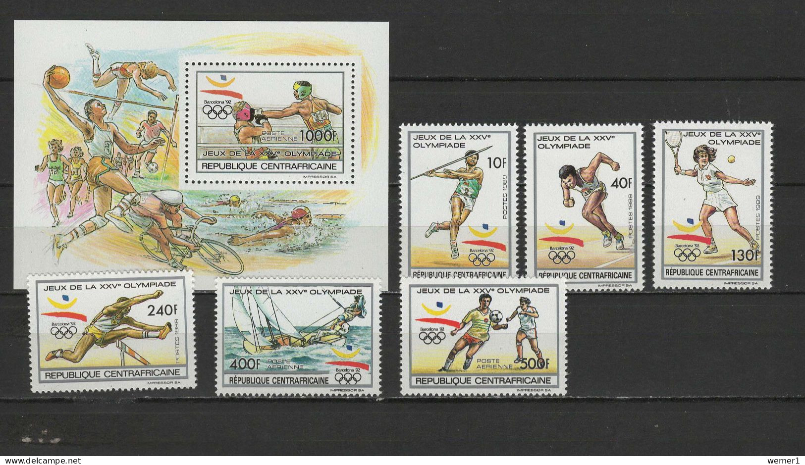 Central Africa 1990 Olympic Games Barcelona, Boxing, Basketball, Football Soccer, Tennis Etc. Set Of 6 + S/s MNH - Zomer 1992: Barcelona