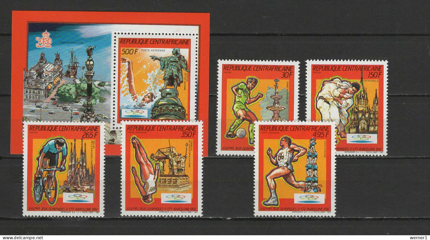 Central Africa 1987 Olympic Games Barcelona, Football Soccer, Judo, Cycling Etc. Set Of 5 + S/s MNH - Summer 1992: Barcelona