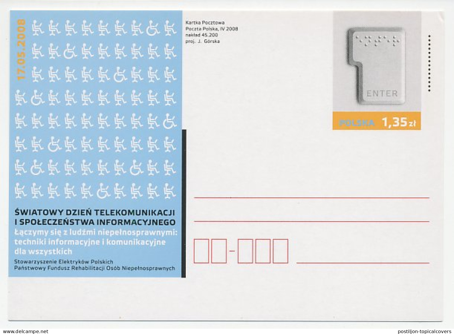 Postal Stationery Poland 2008 Telecommunication - Blind - Braille - Handicaps