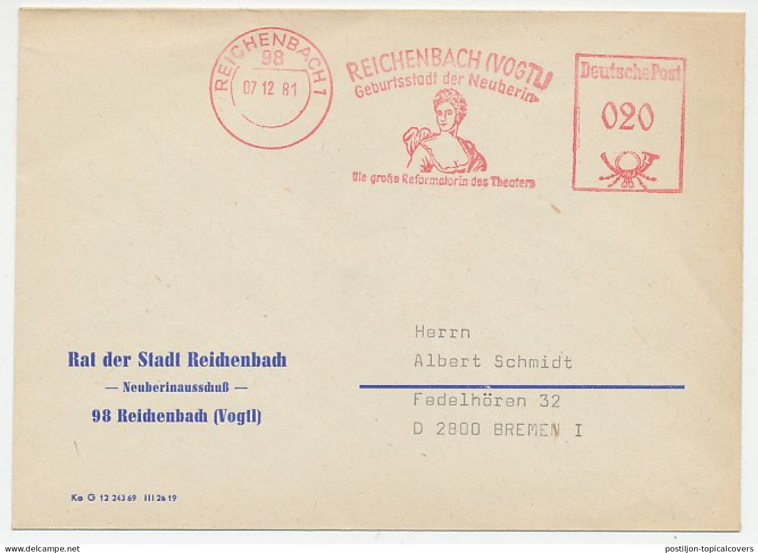 Meter Cover Deutsche Post / Germany 19(81) Neuberin - Friederike Caroline Neuber - Reichenbach - Teatro