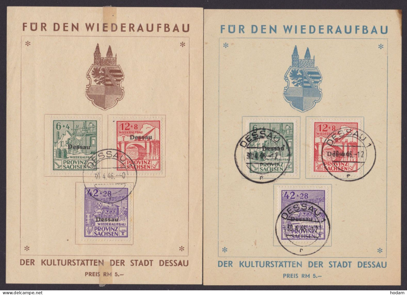 Dessau: I/III A, 2 Versch. "Wiederaufbaukarten", Pass. Ortsstempel - Briefe U. Dokumente