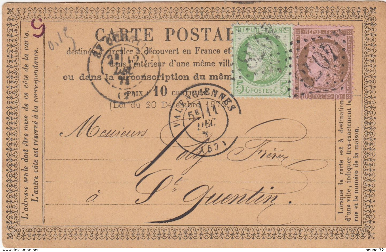 FRANCE CARTE POSTALE PRECURSEUR RARE AFFRANCHISSEMENT PAR CERES N° 53 & 54 (15c) - Cartes Précurseurs