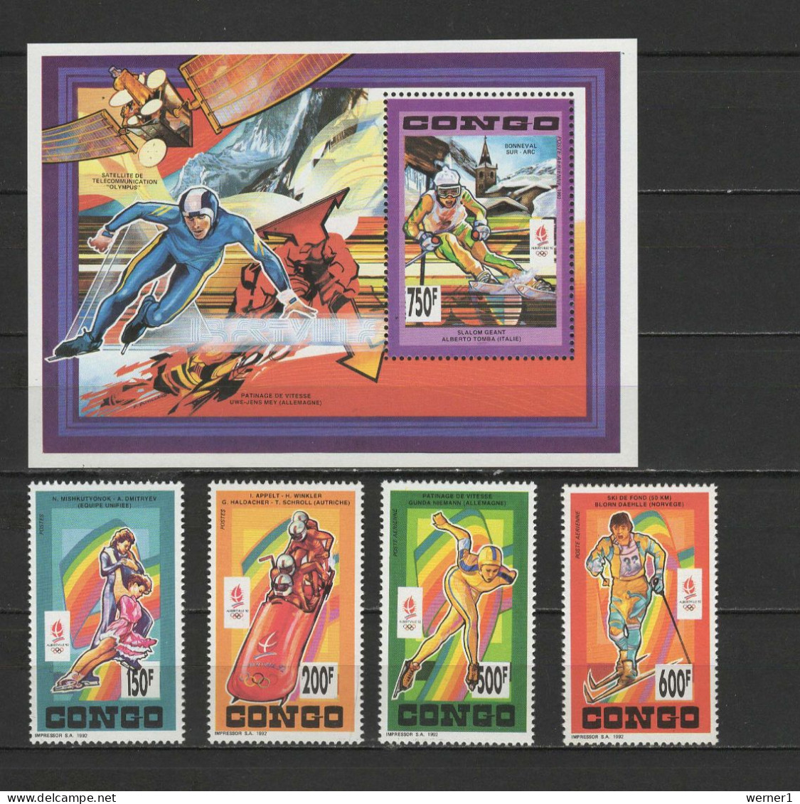 Congo 1992 Olympic Games Albertville, Space Set Of 4 + S/s MNH - Hiver 1992: Albertville