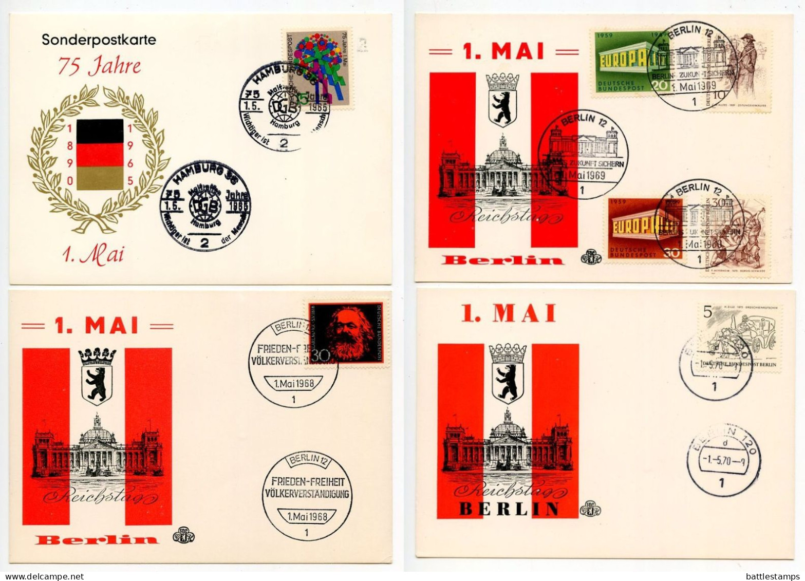 Germany, Berlin & West 1965, 1968-70 4 Souvenir Cards - May Day - Briefe U. Dokumente