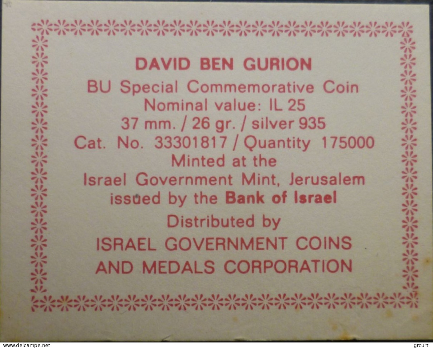 Israele - 25 Lirot 1974 - Anniversario Morte David Ben Gurion - KM# 79 - Israel