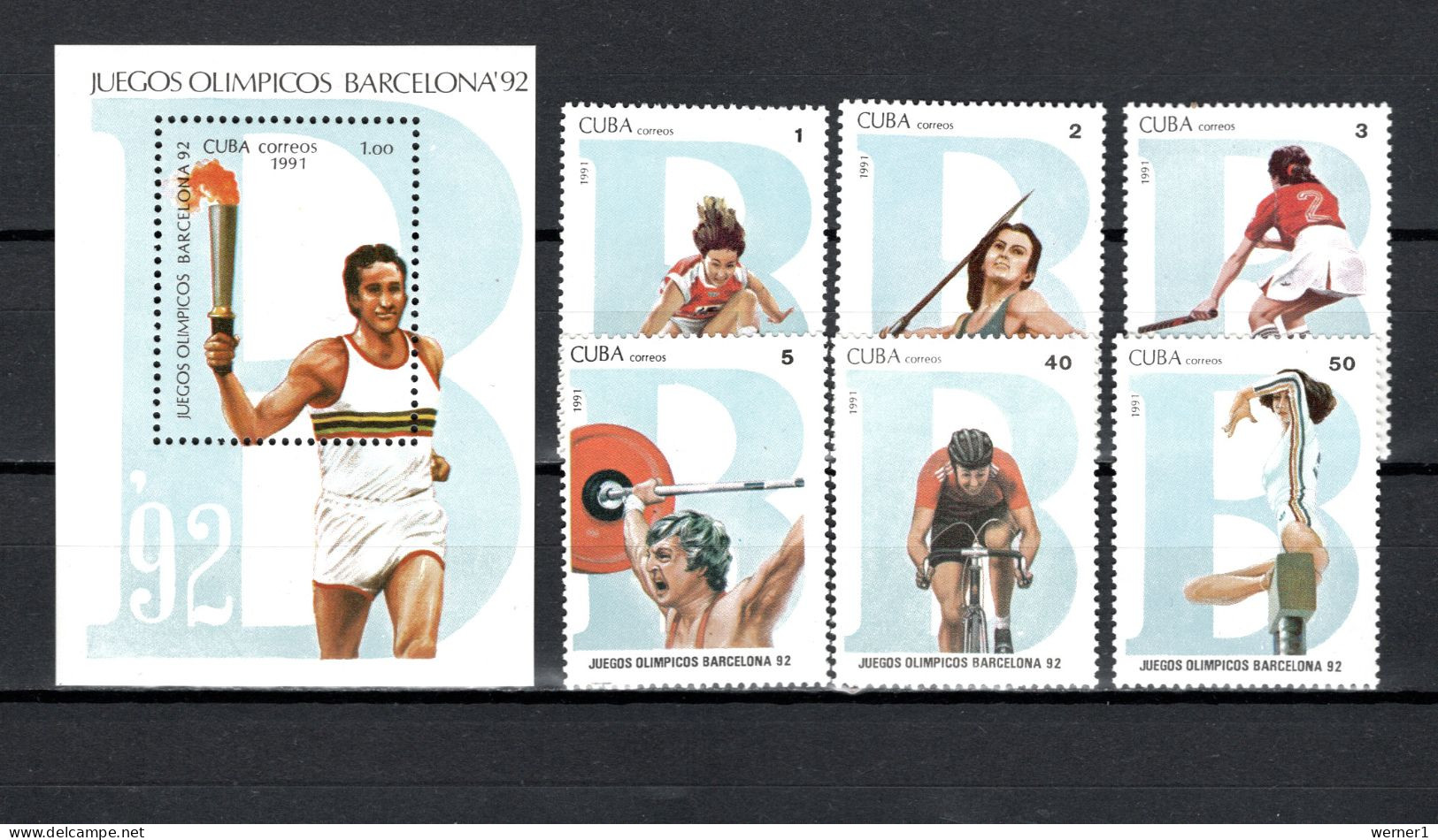 Cuba 1991 Olympic Games Barcelona, Cycling, Weightlifting Etc. Set Of 6 + S/s MNH - Verano 1992: Barcelona