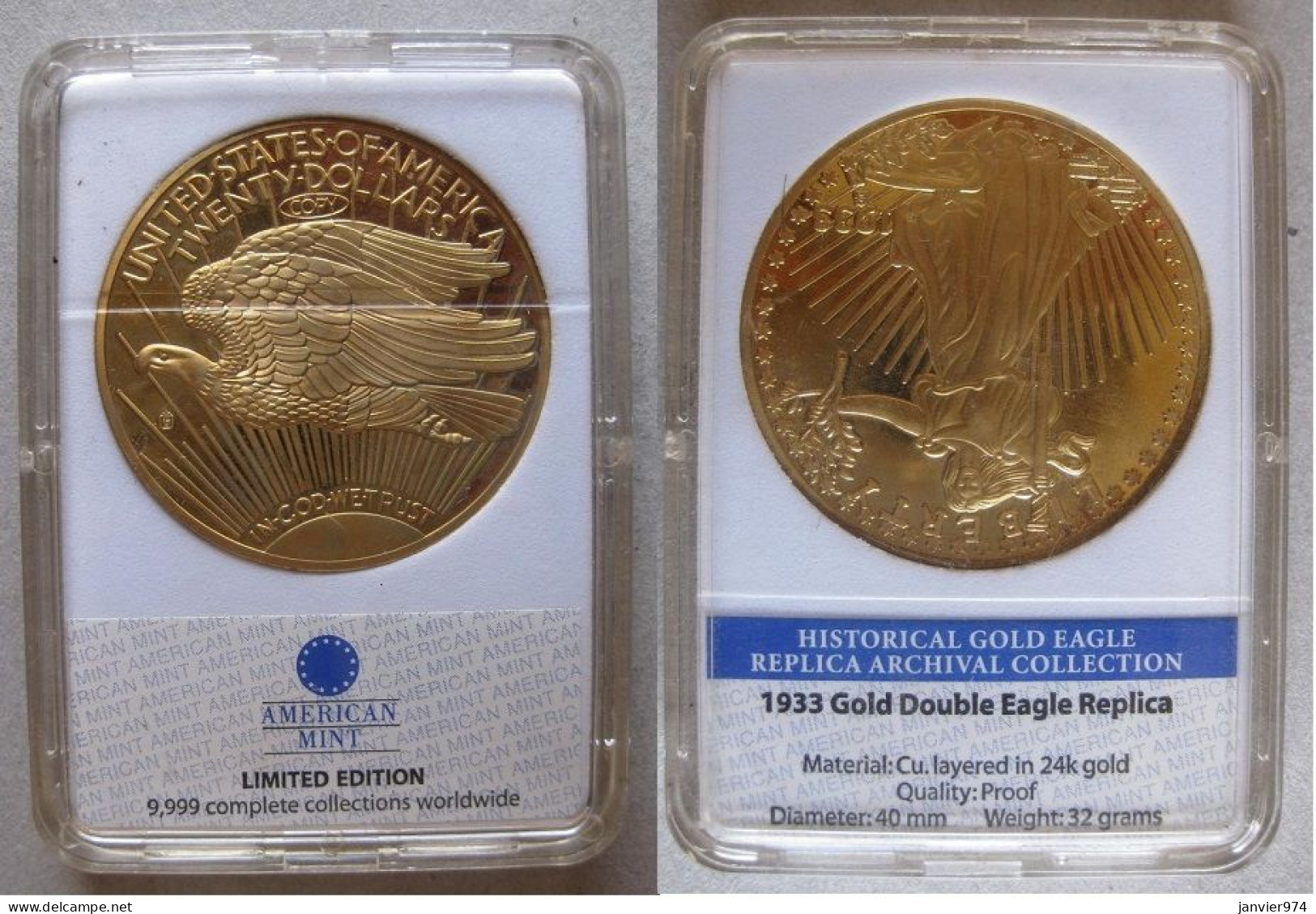 20 Dollars 1933 Gold Double Eagle Replica , Proof , Par American Mint , Edition Limité , Dans Son Boitier - 20$ - Double Eagles - 1907-1933: Saint-Gaudens