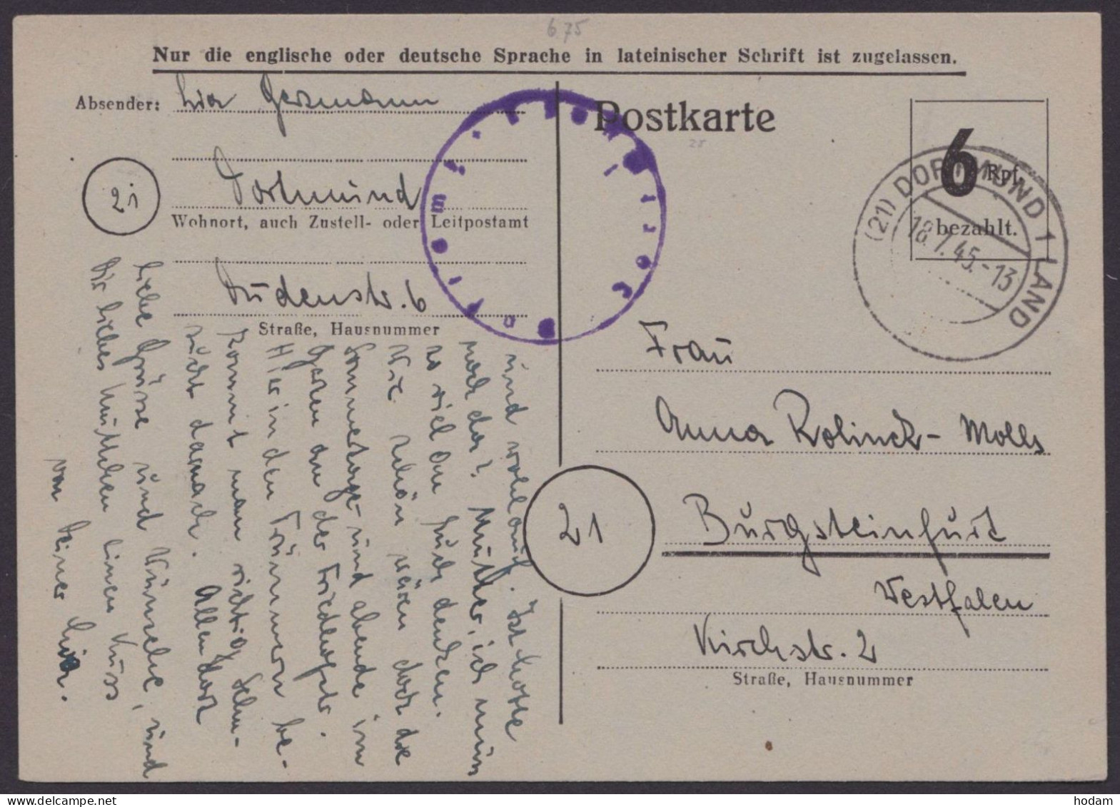 Dortmund: P675, O, Bedarf Mit Dienstsiegel, 18.7.45 - Lettres & Documents