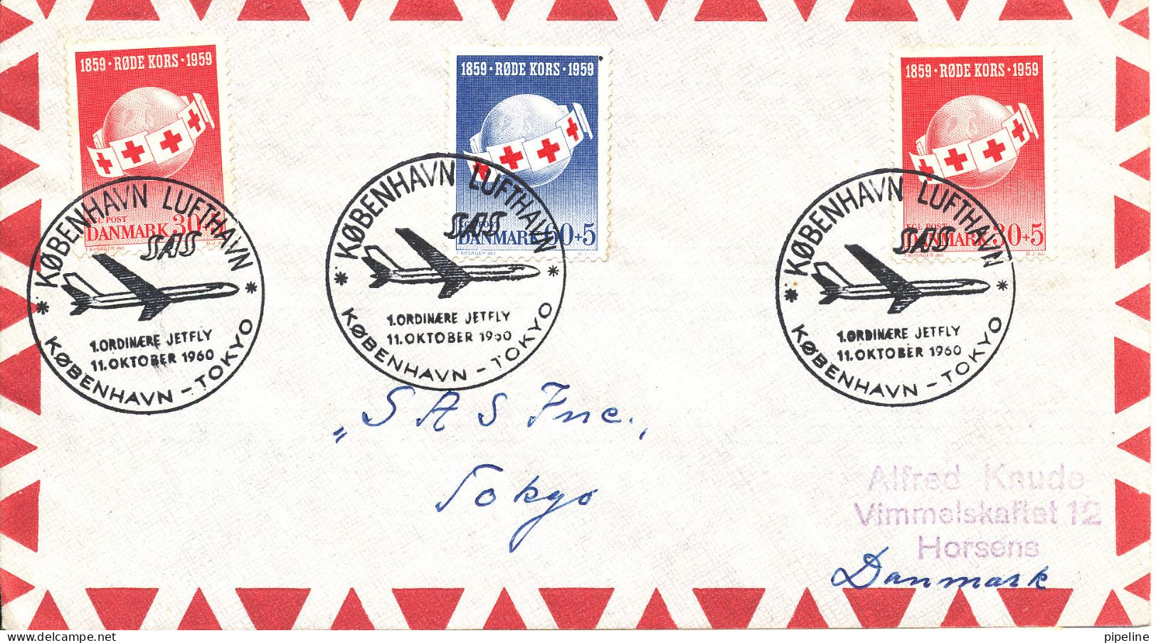 Denmark Air Mail Cover First SAS Flight Copenhagen - Tokyo 11-10-1960 RED CROSS Stamps - Covers & Documents