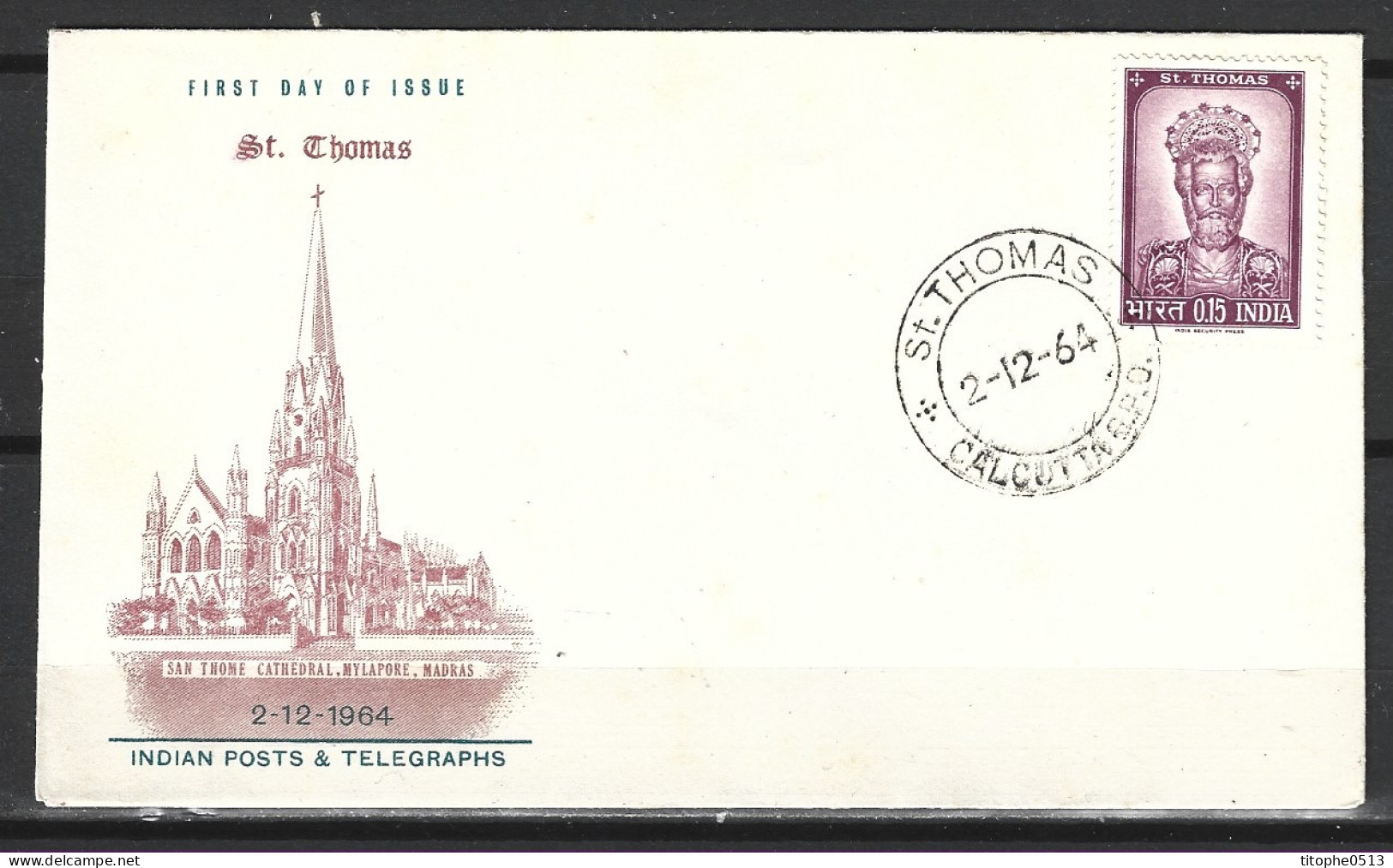 INDE. N°180 Sur Enveloppe 1er Jour (FDC) De 1964. Cathédrale De Madras. - Iglesias Y Catedrales