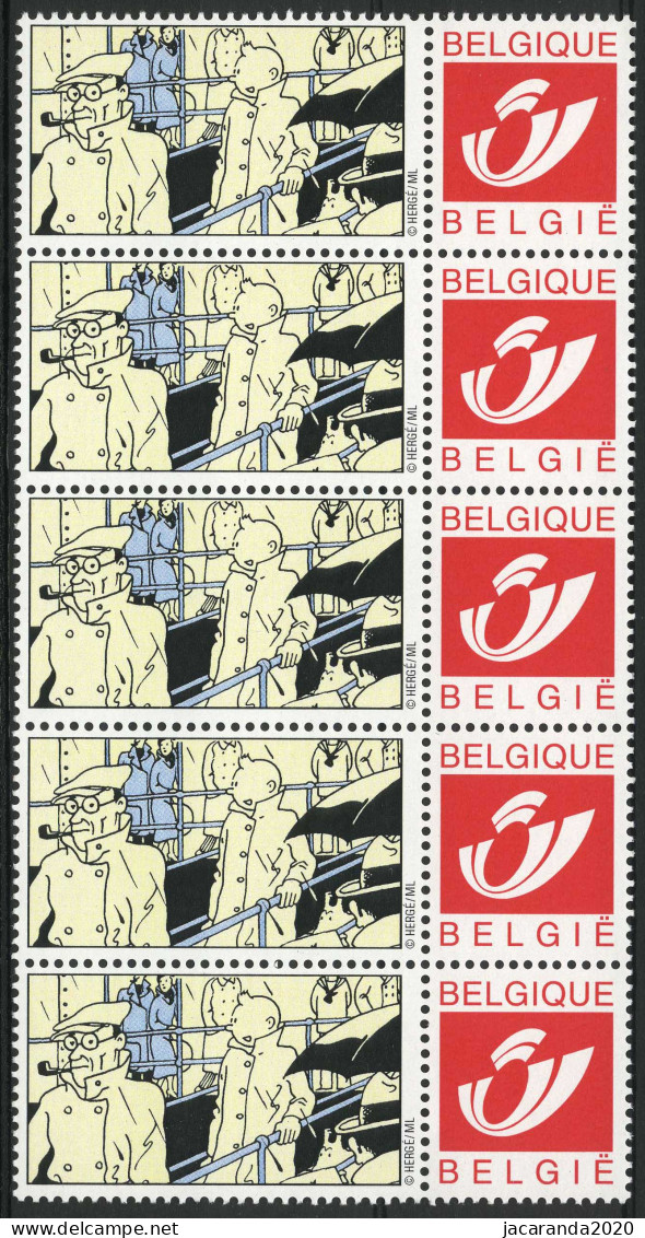 België 3181 - Duostamp - Kuifje Met Regenjas - Tintin - Strips - BD - Comics - Hergé - Strook Van 5 - Ungebraucht