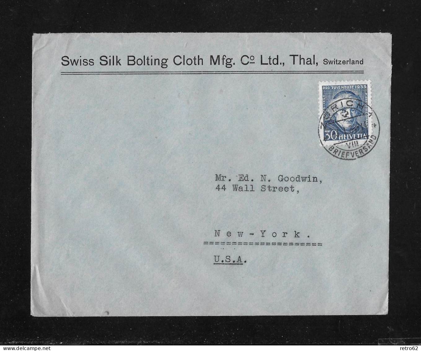 1933 BILDNIS GRÉGOIRE GIRARD ► Brief Mit Zudruck "Swiss Silk Bolting MfG.Co. Ltd." In Thal/SG Nach New York - Briefe U. Dokumente