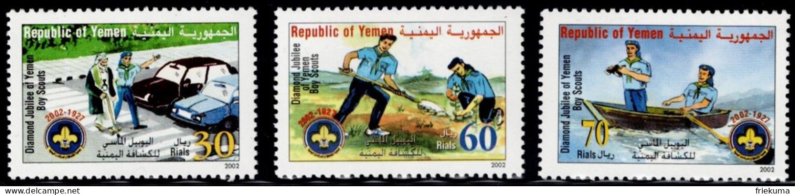 Republic Of Yemen 2002, Scout Helps Man Across The Road, They Plant Seedlings, They Sit In The Rowing Boat MiNr. 236-238 - Nuevos