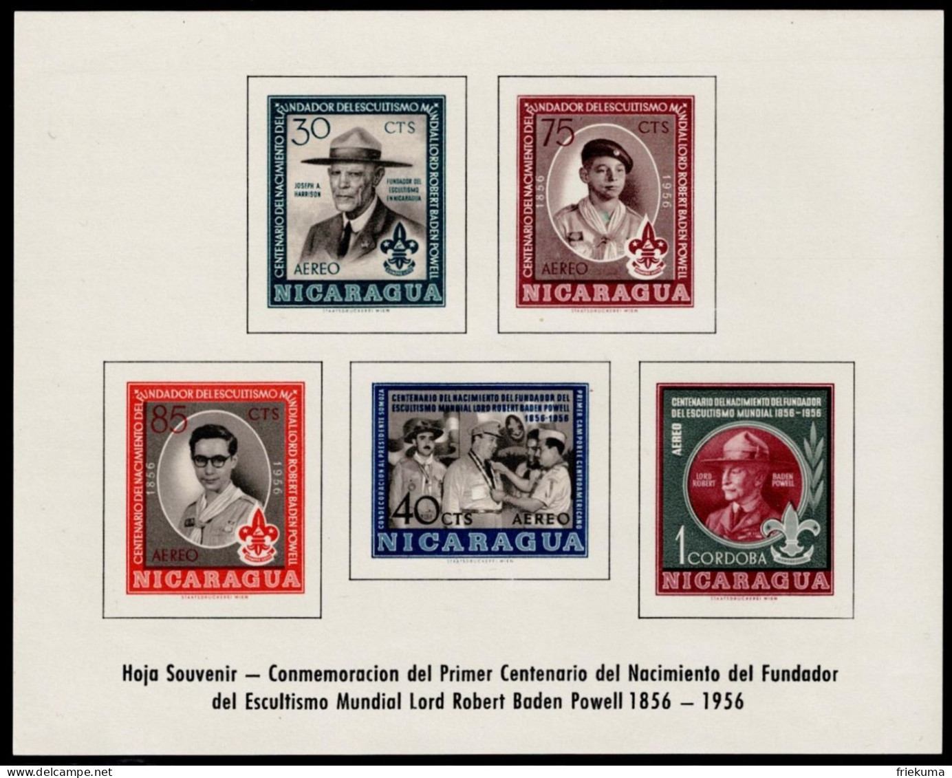 Nicaragua 1957, 100th Birthday Of Lord Robert Baden-Powell, The Founder Of The Scout Movement, MiNr. 1136-1140 Block 44 - Nuevos