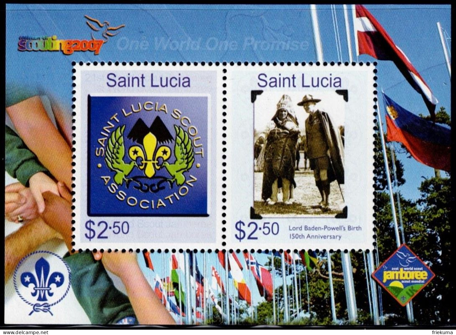 Saint Lucia 2007, 100 Years Of Scouting: Robert Baden-Powell (1857-1941), With Indian, Etc., MiNr. 1267-1268 Block 71 - Ungebraucht